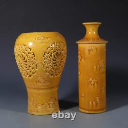 Fine Chinese Hand Painting Yellow Glazed Porcelain Mei Vase