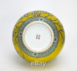 Fine Chinese Yellow Glazed Ground Black Ink Floral Porcelain Vase with Seal Mark
