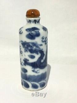 Fine Estate Antique Vintage Chinese Blue White Porcelain Snuff Bottle Dragons