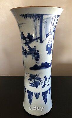 Fine Huge Antique Chinese Blue White Porcelain Gu Trumpet Vase Art Figures Wow