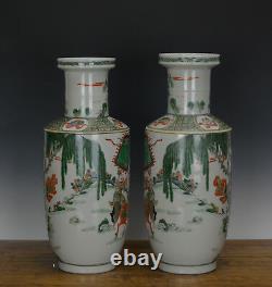 Fine Pair of Chinese Famille Verte Figure Rouleau Porcelain Vase