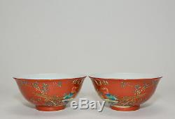Fine Pair of Chinese Iron Red Glaze Famille Rose Enamel Floral Porcelain Bowl