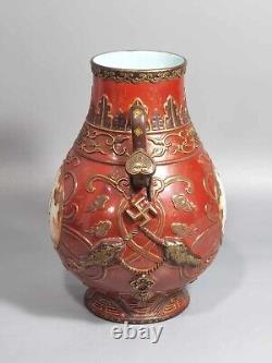 Fine Rare Qing Dynasty Chinese Porcelain Famille Rose Bronze Glaze Poetry Vase