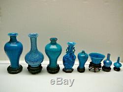 Group of 8 Chinese porcelain turquoise peacock blue robins egg glaze vases 18thC