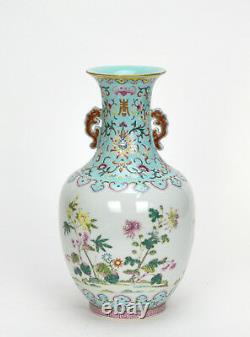 Important Chinese Turquoise Glazed Famille Rose Flowers Porcelain Vase