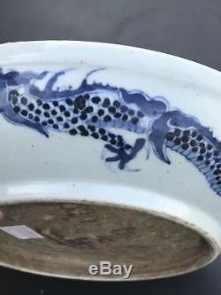 Large 18th Century Antique Chinese Porcelain Blue And White Dragon Plate