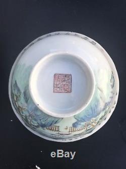 Large Antique Chinese FAMILLE ROSE Landscapes Porcelain Rice Bowl 19th Century
