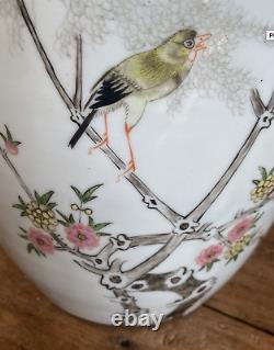 Large Antique Chinese Famille Rose Porcelain Birds Lidded Vase
