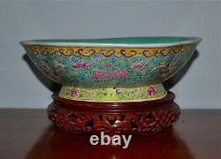 Large Antique Chinese Famille Rose Porcelain Footed Bowl Pheonix Wood Stand