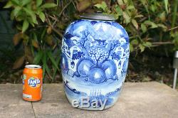 Large Antique Chinese Porcelain Blue and White Landscape Picture Jar Vase with Lid