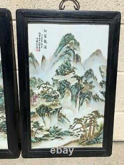 Large Chinese Antique Mountain Tree Painting On Porcelain Plaque Tile 2 Pieces