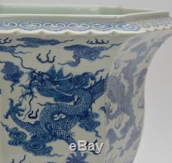 Large Chinese BLUE AND WHITE Dragon 6 Side Porcelain Flower Planter Pot