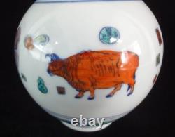 Large Chinese ChengHua Antique Porcelain Hand Painting 5 Cattles Vase Mark