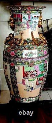 Large Chinese Vase, 33 H, Multicolor, Gold Toned Detailing, Chinese Scenes