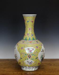 Large Old Chinese Qing Famille Rose Painted Yellow Ground Porcelain Vase