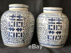 Large Pair GINGER JAR with Lid porcelain Blue Double Happiness Chinese Late 19th C
