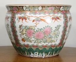 Large Vintage Chinese Fish Bowl. Hand Painted Bird Flower Porcelain Planter NICE