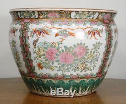 Large Vintage Chinese Fish Bowl. Hand Painted Bird Flower Porcelain Planter NICE