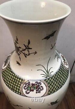 Large Vintage Chinese Porcelain Vase with Flowers and Birds And Solid Wood Stand
