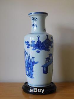 Large antique chinese blue & white porcelain kangxi marked rouleau vase