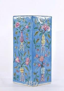 Late 19C Chinese Famille Rose Relief Turquoise Glaze Porcelain Vase Flowers