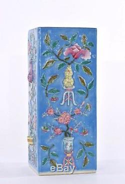 Late 19C Chinese Famille Rose Relief Turquoise Glaze Porcelain Vase Flowers