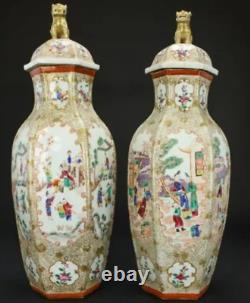 Late qing dynasty PAIR OF ANTIQUE HEXAGONAL LIDDED VASES chinese Antique china