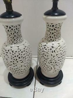 MID Century Porcelain Blanc De Chine Pierced Oriental Lamps Pair Chinese 27