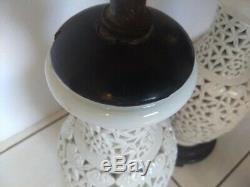 MID Century Porcelain Blanc De Chine Pierced Oriental Lamps Pair Chinese 27