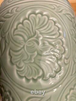 MINT! Large Chinese Celadon Glazed Carved Relief Porcelain Vase Lotus Flower