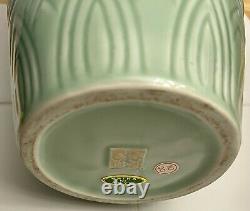 MINT! Large Chinese Celadon Glazed Carved Relief Porcelain Vase Lotus Flower