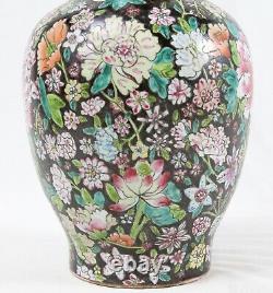 Marked Antique Chinese 12 Porcelain Vase Famille Noire Mille Fleur Floral
