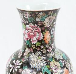 Marked Antique Chinese 12 Porcelain Vase Famille Noire Mille Fleur Floral