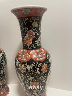 Matching Pair Large Antique Chinese Famille Porcelain Vases 16.25 Tall