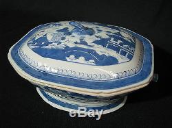 Mid-19th Century Chinese Canton Blue & White Porcelain Tureen with Boar Heads