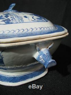Mid-19th Century Chinese Canton Blue & White Porcelain Tureen with Boar Heads