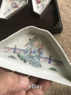 Nice Antique Chinese Famille rose porcelain Sweet meat Dishes With Wood Box
