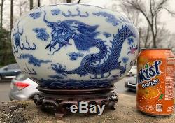 Nice Antique Chinese Qianlong Seal Mark Blue & White Porcelain Bowl With Dragons