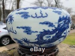 Nice Antique Chinese Qianlong Seal Mark Blue & White Porcelain Bowl With Dragons