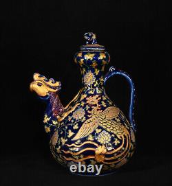 Nice Collectable Art Handmade Blue Glaze Porcelain Phoenix Teapot