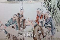 Old Antique Chinese Porcelain Tile of Wisemen Viewing a Scroll Painting