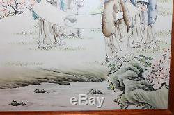 Old Antique Chinese Porcelain Tile of Wisemen Viewing a Scroll Painting