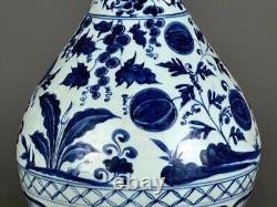 Old Chinese Antique Yuan Dynasty Blue White Porcelain Flowers Plants Vase