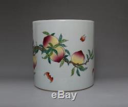 Old Chinese Famille Rose Porcelain Brush Pot Qianlong Marked With Peach (534)