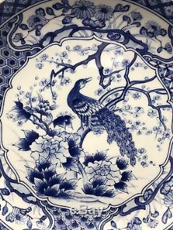 Old Chinese Or Japanese Large Blue And White Porcelain-glazed Charger, Signed