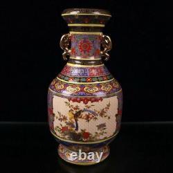 Old Chinese porcelain gilt Enamel Hand Painted flowers bird double ear vase 9025