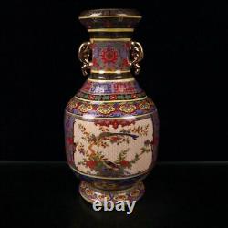 Old Chinese porcelain gilt Enamel Hand Painted flowers bird double ear vase 9025