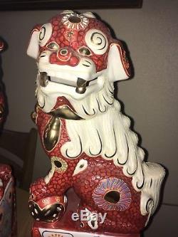 Old Estate Kutani 16 Chinese Foo Dog Dragon Lion Red Gilt Porcelain Pair Set