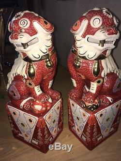 Old Estate Kutani 16 Chinese Foo Dog Dragon Lion Red Gilt Porcelain Pair Set