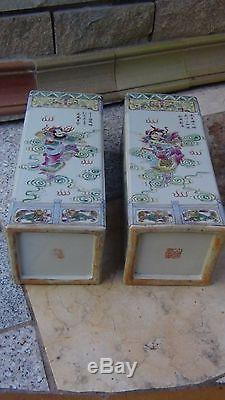 PAIR EARLY 20c CHINESE SQUARE FAMILLE ROSE PORCELAIN POLICHROME WARRIORS VASES
